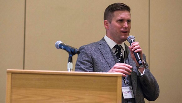 Richard Spencer, a leader of the far right, addresses a conference in Washington on Saturday.