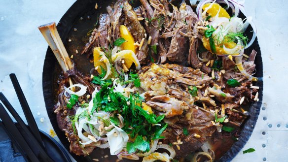 Neil Perry's Middle-Eastern-inspired slow-roasted lamb shoulder with almonds.