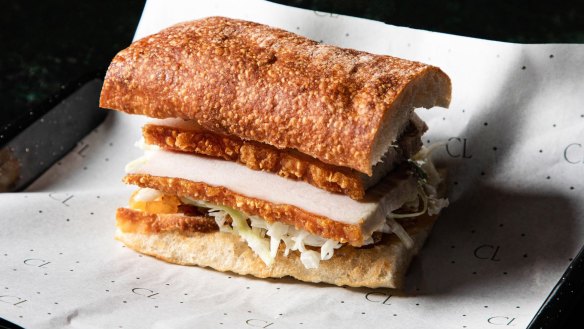 Pork belly and crackling roll from Scott Pickett's CBD cafe-grocer Le Shoppe.
