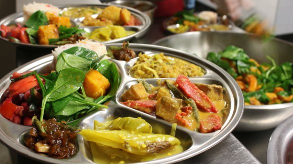 A shared platter from Tamil Feasts is served up at CERES' restaurant in Melbourne.