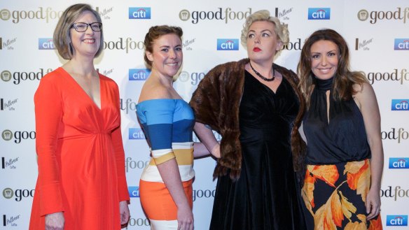 From left: The Age Good Food Guide Editor Roslyn Grundy, The Age Restaurant Critic Gemima Cody, Fairfax Good Food Guide Editor Myffy Rigby and Good Food National Editor Nedahl Stelio arrive at The Age Good Food Guide 2017 awards.