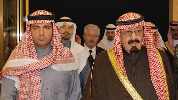 Saad Hariri (background left) and his brother Baha al-Din Hariri (left) receive condolences from then Saudi Crown Prince Abdullah (right) in Riyadh after the assassination of their father in February 2005. Saad Hariri is a Saudi citizen.
