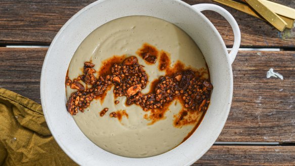 Celeriac and potato soup with crunchy buckwheat, almond and paprika topping. Soup recipes for Good Food July 2020. Please credit KatrinaÃÂÃÂ Meynink. Good Food use only