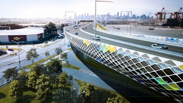An artist's impression of the Footscray Road elevated freeway section of the West Gate Tunnel. 