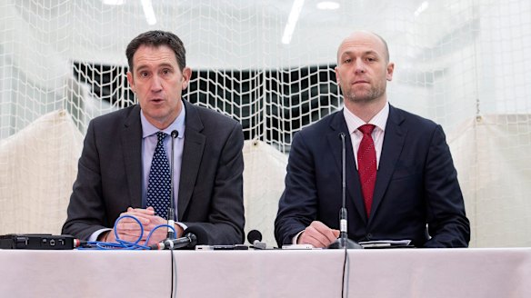 Cricket Australia CEO James Sutherland (left) and Australian Cricketers' Association chief Alistair Nicholson discuss the resolution to the Cricket Australia pay dispute. 