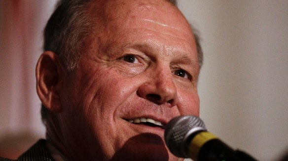 Former Alabama Chief Justice and US Senate candidate Roy Moore speaks during his election party.