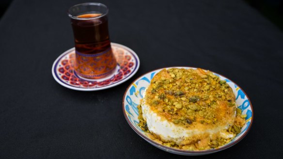 Knafeh and cinnamon tea.