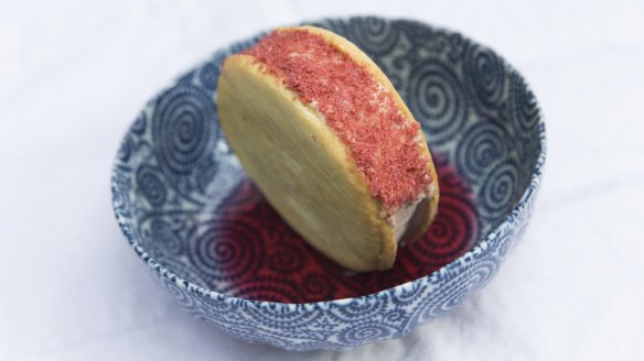 Rhubarb, purple basil and almond ice-cream sandwich.