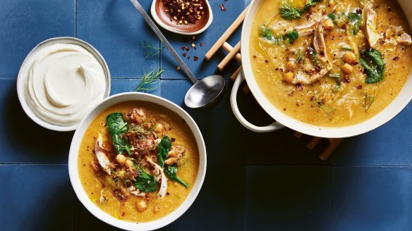 Incredibly tender and creamy: Hearty chickpea and chicken soup.
