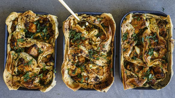 Pumpkin, chickpea and chermoula pies with optimum crisp filo coverage.