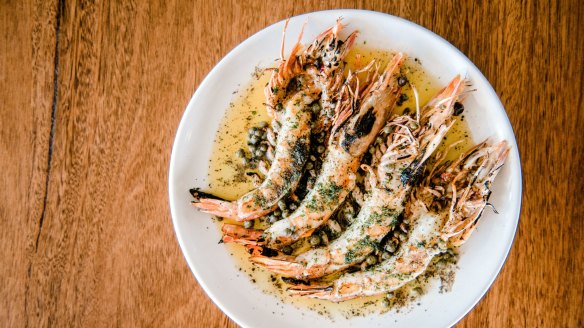 Barbecued king prawns, prawn butter, capers and parsley at Labart.