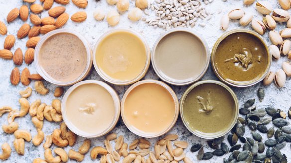 Homemade nut and seed butters including peanut, almond, hazlenut, cashew, pistachio, macadamia nuts and sunflower seeds. 