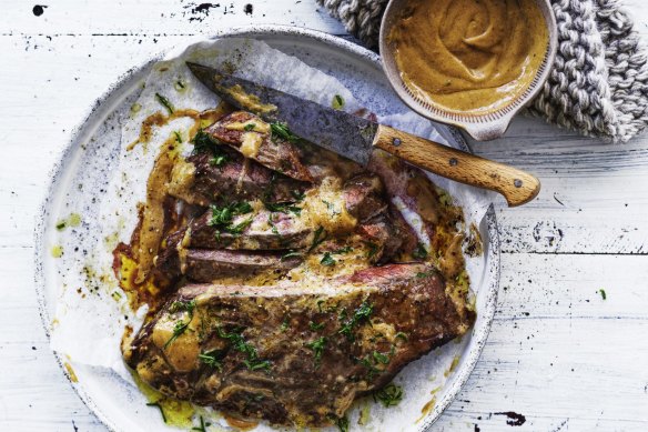 Flank steak with mustard cream sauce.