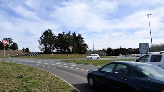 The roundabout at the intersection of Barton Hwy, Gundaroo Drive, and William Slim Drive in Gungahlin. The ACT government has announced $23 million for stage two of the Gundaroo Drive duplication in next month's budget. 