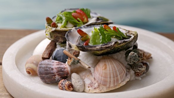 Oysters served with  shaved scallop, beach herbs and dashi.