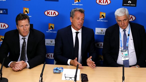 ATP chairman Chris Kermode, centre, speaks during a press conference at the Australian Open on Monday.