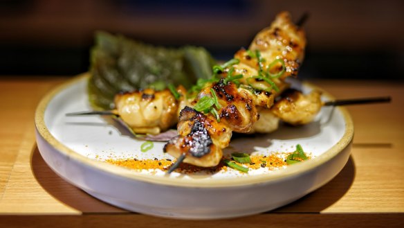 Chicken thigh, spring onion and shiso leaf at Sumi, Geelong.