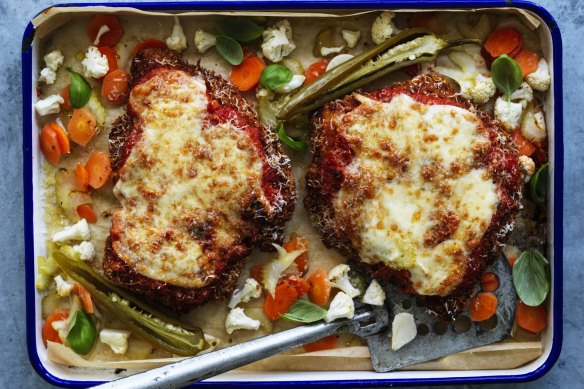 Chicken parmigiana with giardiniera pickle ("from the garden").