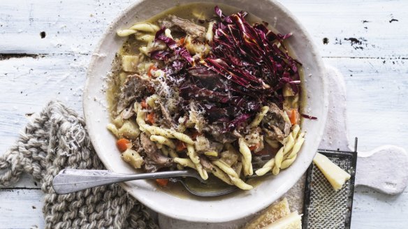 Duck, verjuice and celeriac ragout served with strozzapreti pasta and radicchio.