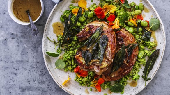 Pork chops with broad beans and bagna cauda (top left).