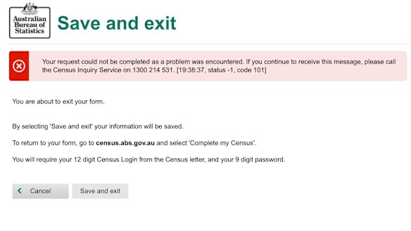 An error message seen when trying to submit the census.