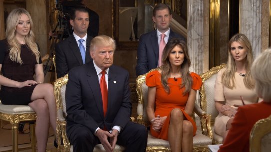 Donald Trump and his family in their first post-election television interview. From left, Tiffany Trump, Donald Trump Jnr, Donald Trump, Eric Trump, Melania Trump, Ivanka Trump.