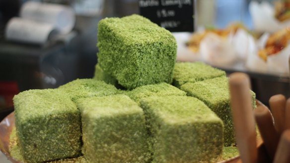 Matcha lamingtons at Oratnek Cafe.