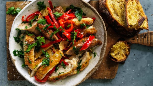 Hot, sour, sweet and savoury: Chicken, sausage and capsicum bake.