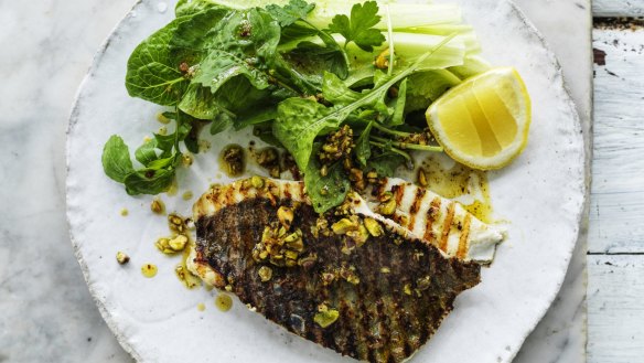 Barbecued fish with a loose and nutty salsa.