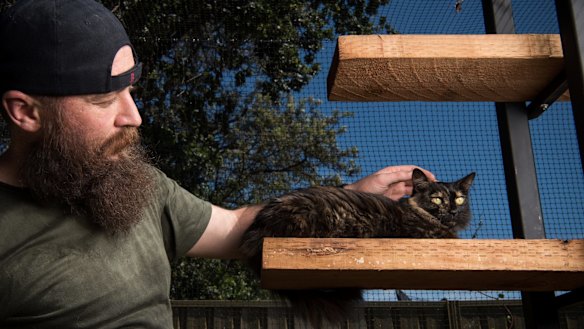 Matt Black of Parramatta, pictured here with Isis, keeps his cats in a purpose built cat enclosure in his backyard.