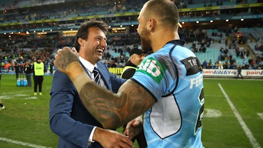 Blues coach Laurie Daley congratulates Blake Ferguson.