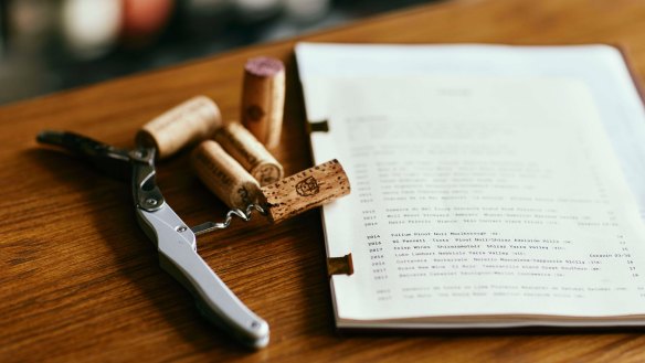 Wine list, corks and corkscrew at Marion, Fitzroy. For Good Food story on how to read a wine list.