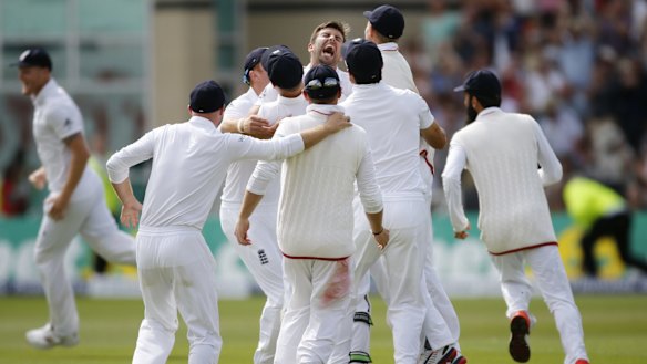 The moment: England's Mark Wood takes the wicket of Nathan Lyon.