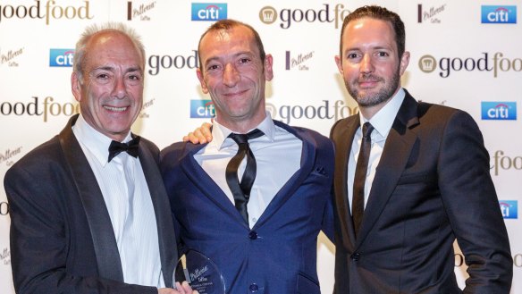 Joint winners of the Vittoria Coffee Legend award, Jean-Paul Prunetti (left) and chef Geraud Fabre (centre) from South Yarra favourite France-Soir with Rolando Schirato from Vittoria Coffee.
