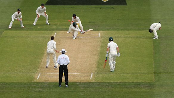 Closely watched: Nathan Lyon plays a shot during day two of the third Test at the Adelaide Oval.