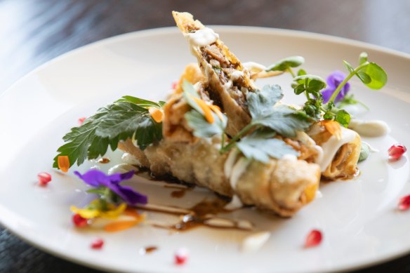 Duck borek: House-made yufka pastry filled with shredded duck, onions, currants and pinenuts.