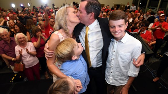 The McGowans savour the moment after Mr McGowan delivered his victory speech on Saturday night.