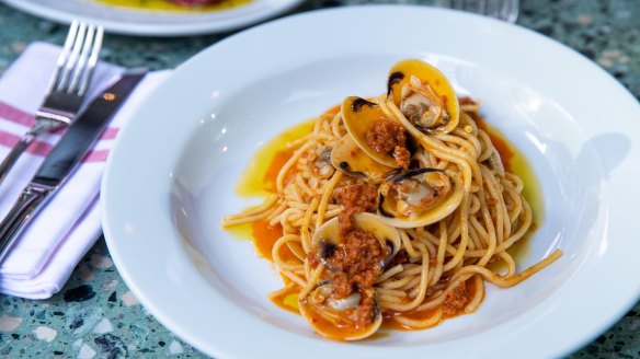 Spaghetti with 'nduja, clams and white wine at Bastardo.