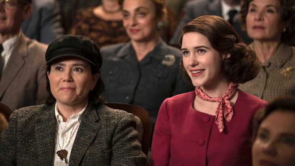 Alex Borstein as Susie Myerson, left, and Rachel Brosnahan as Midge Maisel in <i>The Marvelous Mrs. Maisel</i>.