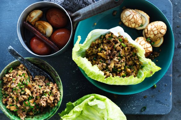 Tea eggs and sang choy bao.