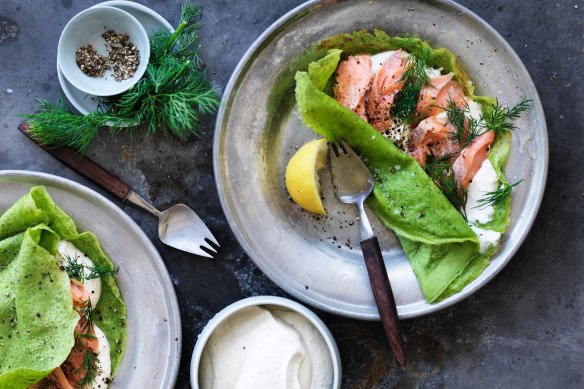 Jill Dupleix's Finnish spinach pancakes with smoked trout and dill.