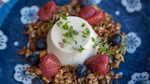 True Blue honey pannacotta, Stanley berries, vin cotto and granola at Project Forty Nine.