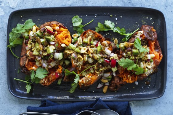 Roasted sweet potato with tamarind, peanut and lime make a hearty vegetarian main course.