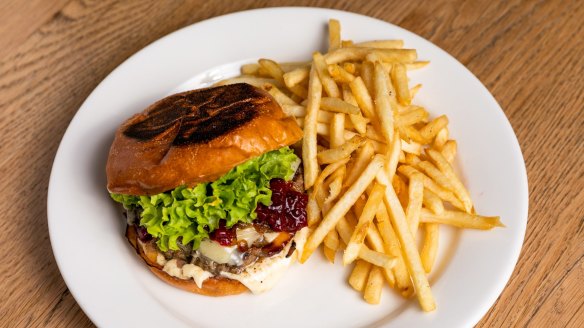 Rissole burger with beetroot jam and caramelised onion.