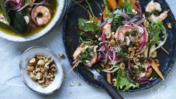 Neil Perry's salad of pickled prawns with baby carrot and hazelnuts.