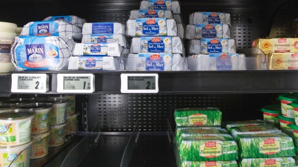 The shortage of butter can be seen on a shelf at a supermarket in Versailles, west of Paris, France.