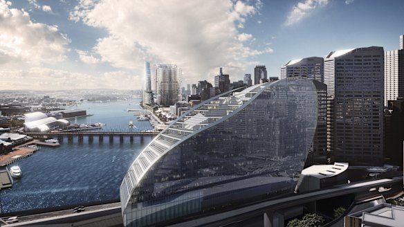 A proposed hotel and apartments complex will stand between expressways and be bracketed by Sydney Harbour and public spaces.