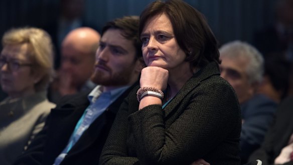 Cherie Blair looks on as her husband, former British PM Tony Blair, delivers a keynote speech at a pro-European Union event in February.