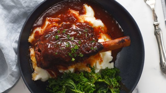 Lamb shanks in red wine sauce by RecipeTin Eats.