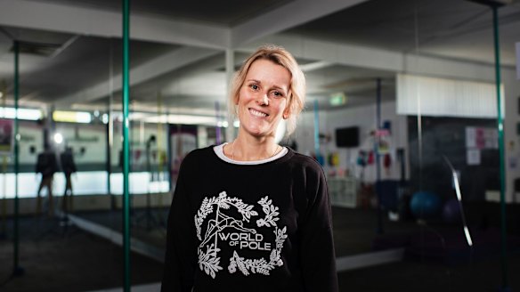 Dee Heath, a businesswoman who has invested in Bitcoin on the side, at the pole dancing fitness gym she owns in Arndell Park in Sydney.
